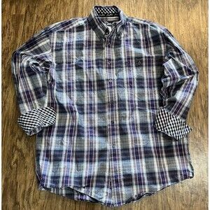 George Strait Wrangler Shirt Mens M Purple Plaid Long Sleeve Button Flip Cuff